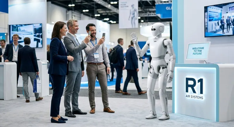Humanoider Roboter winkt Messebesuchern zu, die ihn mit dem Handy fotografieren