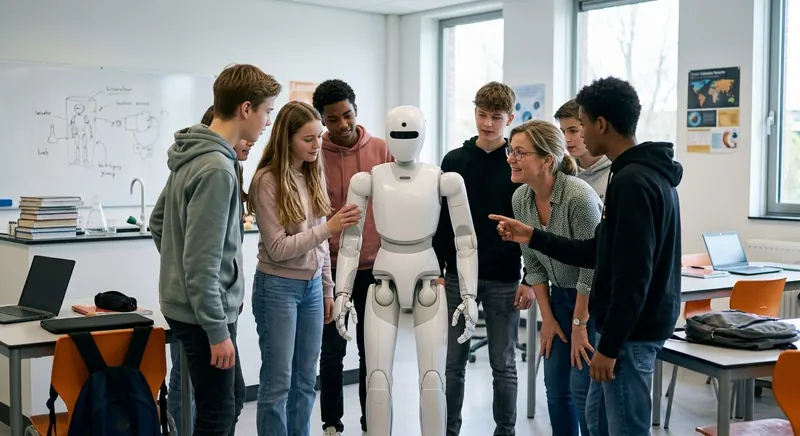 Schülerinnen und Schüler mit Lehrerin stehen neugierig um einen humanoiden Roboter